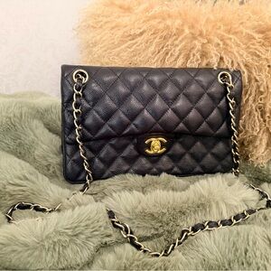 Real caviar leather, double classic flap bag